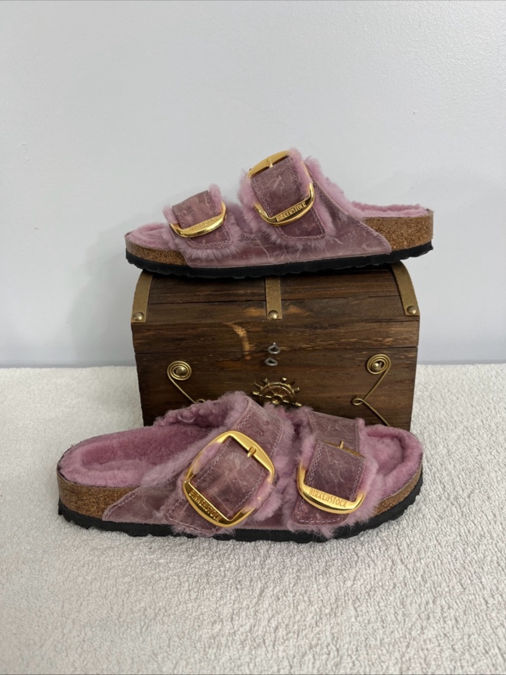 Birkenstock Arizona Big Buckle Shearling Womens Sandals Size 38 / 7 Narrow Read!